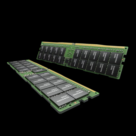Two Samsung Memory DDR5 RDIMM Memory Modules on a black background.