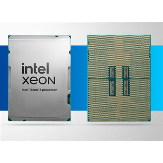 Intel Xeon 6 processor shown from both sides: the top side is metallic silver with the 'intel xeon' logo, and the bottom side shows the gold pin grid with two contact points.